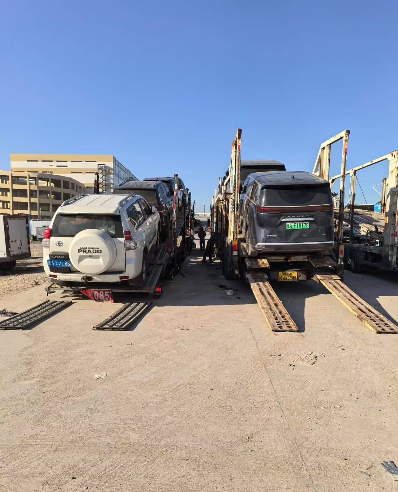 Toyota Prado loaded on a car transporter for export