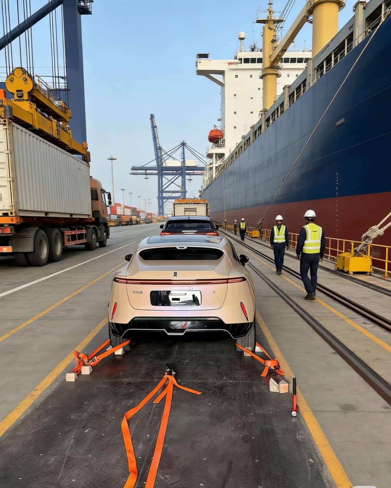 Vehicle being driven onto a vessel at the port